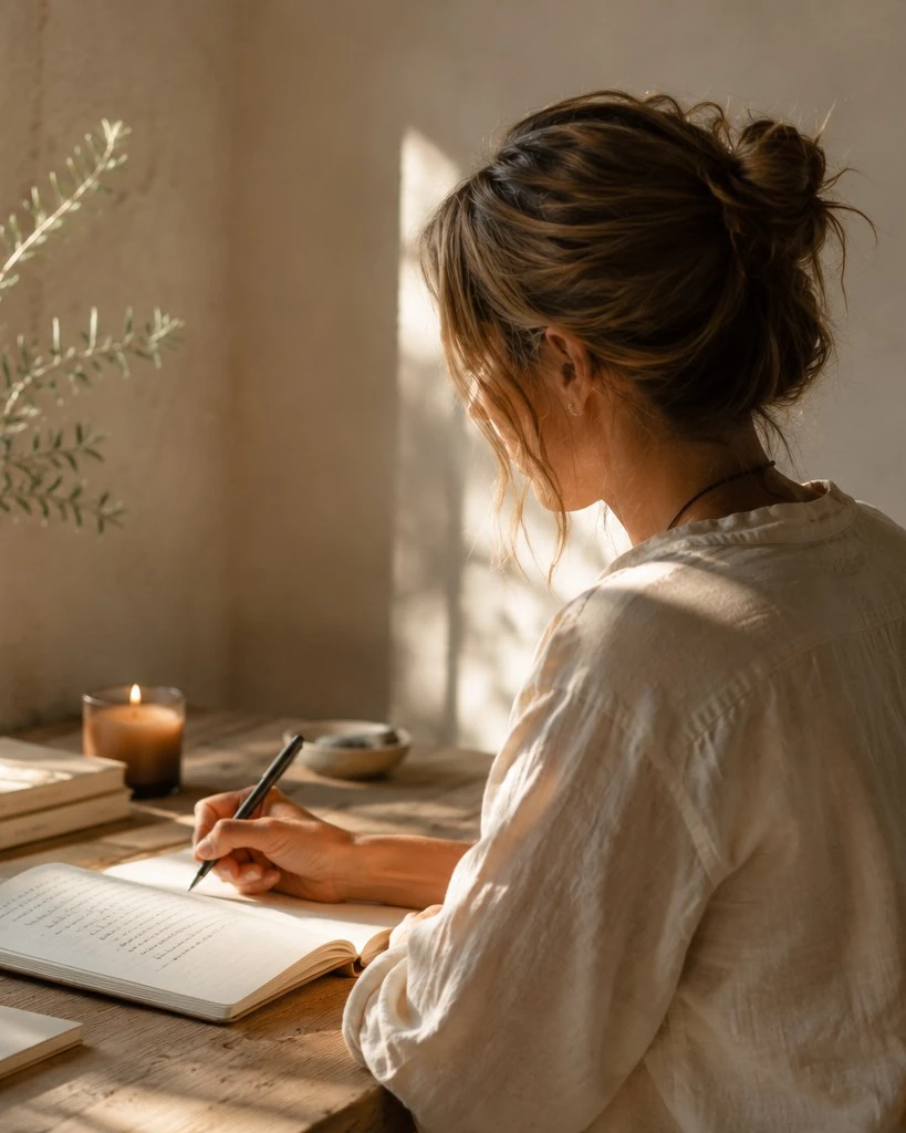 Hands resting on a journal at a warm-lit desk, face unseen